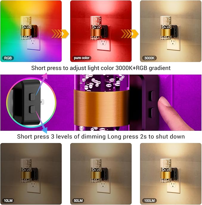 JandCase Night Lights Plug into Wall,Color Changing Night Light for Kids, 3000K+RGB 10-Color LED Nightlight with Dusk to Dawn Sensor, 10/50/100LM Adjustable Brightness for Rooms Home Decor