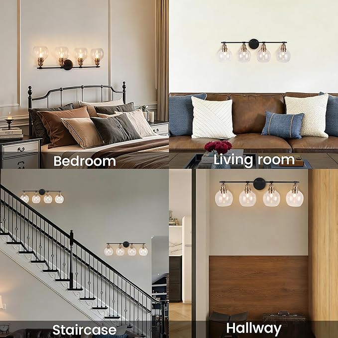 Modern Wall Light Fixtures, 4-Lights Vanity Lights, Black and Gold Bathroom Wall Sconce Over Mirror Vanity Lights with Clear Seeded Glass Lampshade for Bedroom Living Room Dressing Table