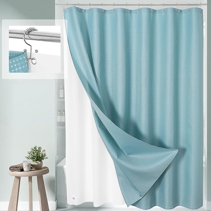3 in 1 Long Shower Curtain Set-72 W x 78 H, Teal Blue Waffle and PEVA Liner Set with 12 Stainless Steel Hooks, Waterproof Fabric for Bathroom