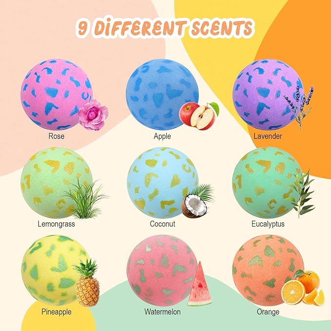 SHUCHING 9 PCS XXL Organic Bath Bombs with Surprise Inside for Kids, Bubble Bath Fizzy Balls for Boys Girls Birthday Christmas