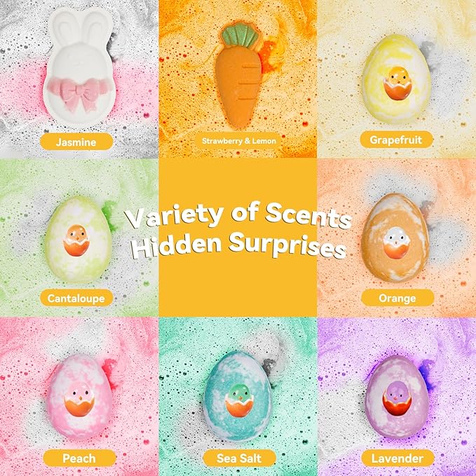 Kids Bath Bombs with Surprise Inside: 9 Pcs Natural Organic Egg Bunny Shaped Basket Stuffers for Kid Girls Boys Bubble Bathbombs Fruit Scented Spa Birthday Gift Set Party Favors Children 3+ Year Old