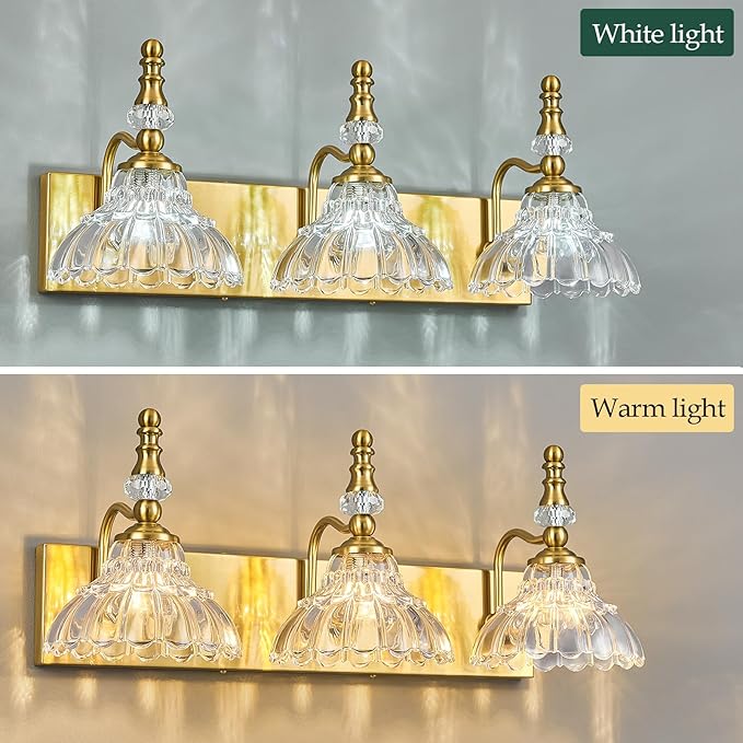 Vintage Bathroom Vanity Light, 3-Light Gold Vanity Lighting Fixture with Flower Glass Shade, Bathroom Lighting Fixtures Over Mirror