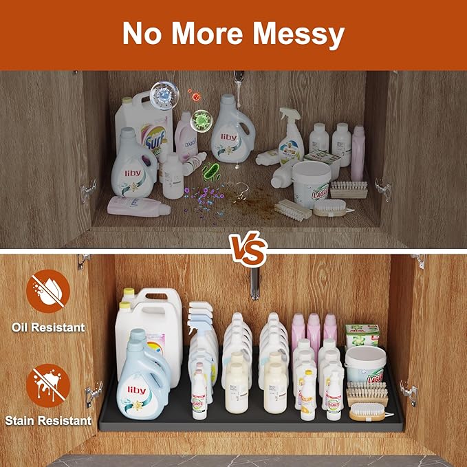 34" x 22" Heavy Duty Waterproof Silicone Mat with Raised Edge, Under Sink Mat for Kitchen & Bathroom, Kitchen Cabinet Liner, Multi-Purpose for Storage & Protection, Black