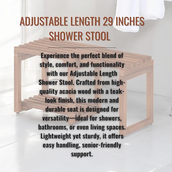 Tranquillo 29 Inch Teak Shower Bench Chair – Waterproof Shower Bench - Adjustable Length 29 Inches Shower Stool Bench Chair Waterproof with Storage Shelf, Teak