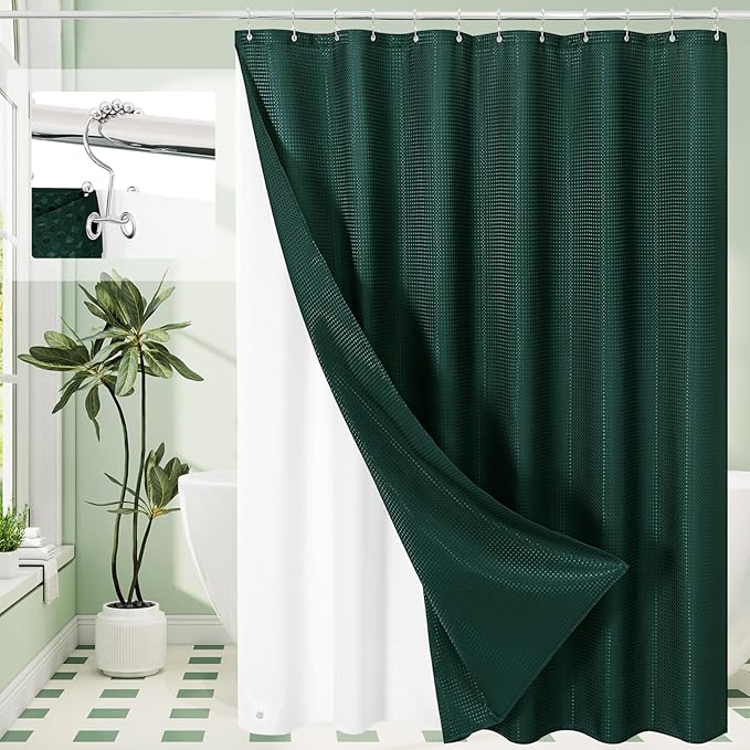 3 in 1 Long Dark Green Shower Curtain Set-72 W x 78 H, Modern Waffle and PEVA Liner Set with 12 Stainless Steel Hooks, Waterproof Fabric for Bathroom