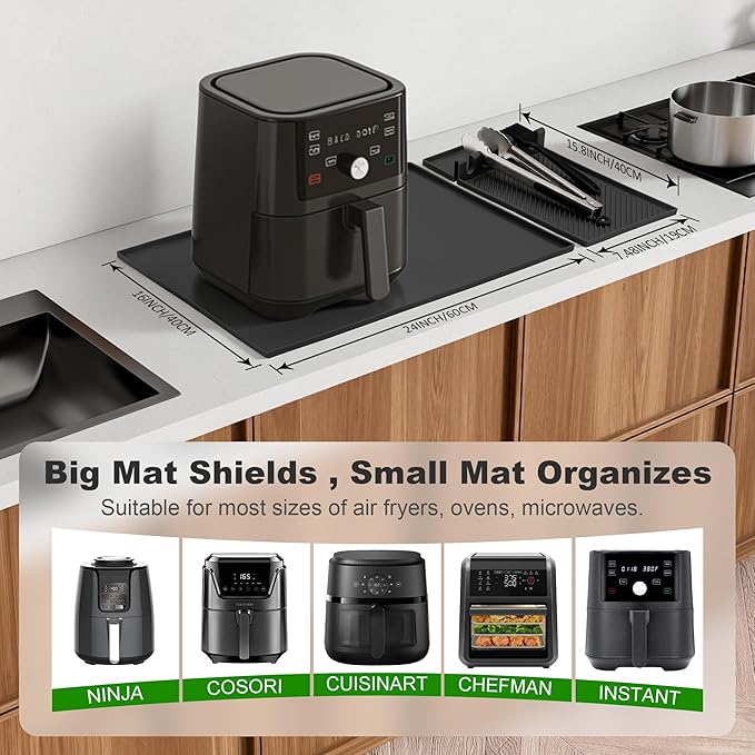 24x16 Inch Silicone Mat for Kitchen Counter, Kitchen Essentials and Gadgets - Silicone Air Fryer and Coffee Mat Set - Heat Resistant Mat for AirFryer, Microwave, Oven, Coffee Machine (Black)