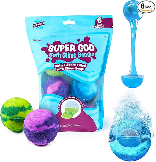 Tub Works Super Goo Bath Slime 'Surprise' Bombs, 6 Pack | Kids Bath Bombs With Surprise Inside | Nontoxic | Stretchy, Squishy Slime Soap | Sensory Fun for Kids