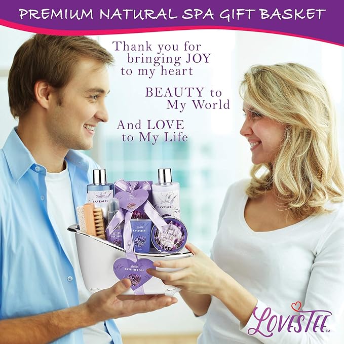 Christmas Gifts, Relaxing Lavender Spa Gift Baskets for Wome Birthday, Bath and Body Set-Kit Includes Candle, Essential Oil, Body Scrub, Bath Salt, Body Lotion, Shower Gel and Body Scrub Brush