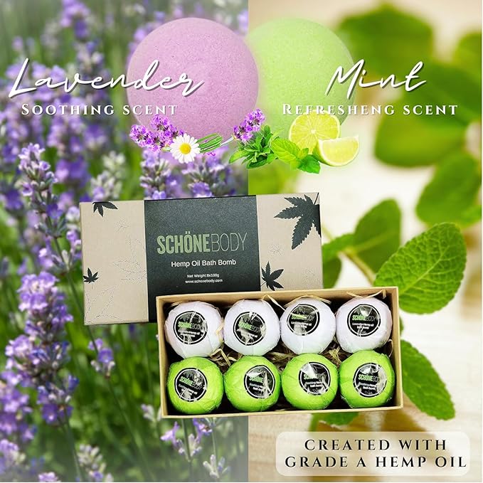 8 Pack Hemp Bath Bombs Set for Muscle Therapy & Relaxation | Large Vegan Fizzy Spa Gift for Women & Men | Natural Lavender, Mint Oils Moisturize Dry Skin & Soothe Stress, Wife Stocking Stuffers Gifts