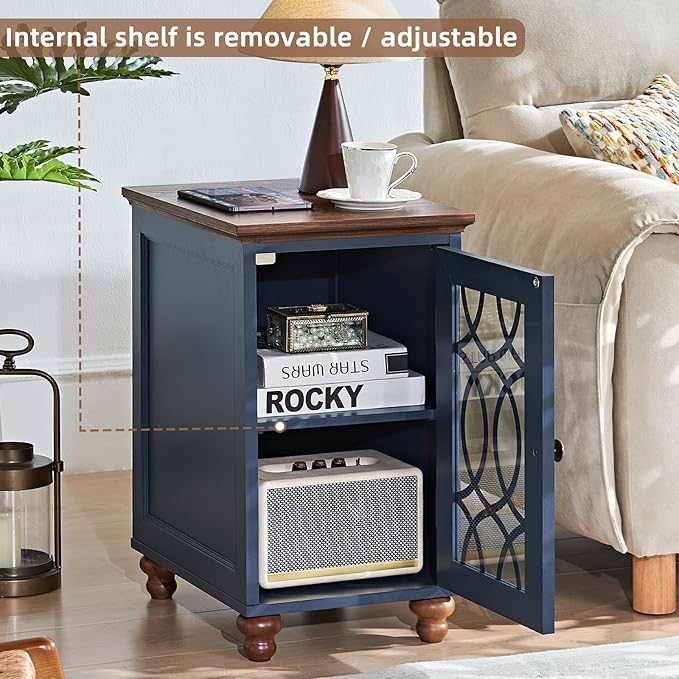 Narrow Side Table with Glass Door, 18 x 14'' Night Stand with Adjustable Shelf Storage Cabinet Organizer, Bedside End Tables Wood Nightstand for Small Spaces Living Room Bedroom