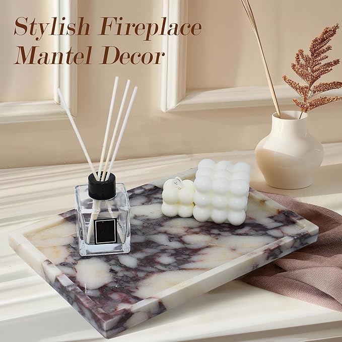 100% Real Luxury Natural Marble Vanity Tray Genuine Calacatta Viola Marble Stone Storage Trays for Home Decor Bathroom Vanity Dresser Kitchen, Non-Resin/Non-Ceramic, 11.7" x 7.8"