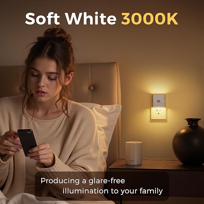 L LOHAS LED Night Light,Plug in Night Light with Motion Sensor and Dusk to Dawn Sensor,[2-Pack] Brightness Adjustable,3000K Soft White, Nightlight for Bathroom Hallway Kitchen