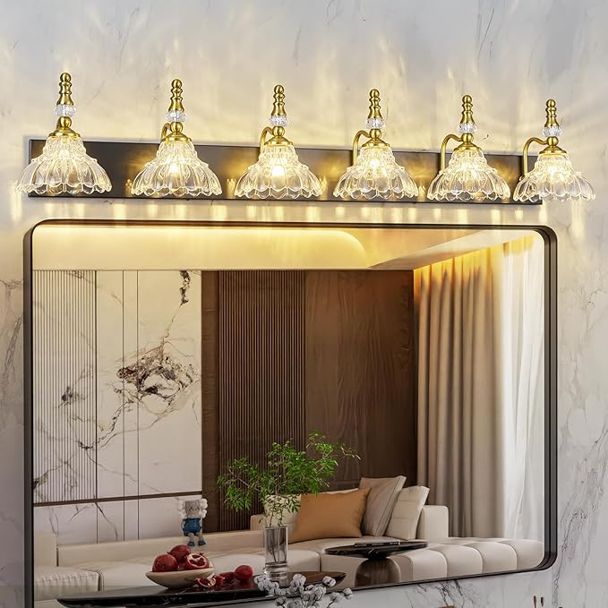 Vintage Bathroom Vanity Light, 6-Light Black Gold Vanity Lighting Fixture with Flower Glass Shade, Bathroom Lighting Fixtures Over Mirror