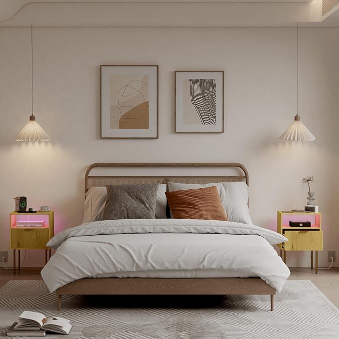 Nightstand with Charging Station, Bedside Table with Storage Drawer, Fluted Side Table for Living Room, Bedroom