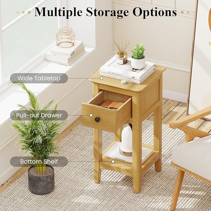 Giantex Narrow End Tables with Drawer Set of 2, 23.5" H Side Table w/Open Storage Shelf & Solid Wood Frame, Small Night Stands for Dorm Living Room, Bedroom, Small Spaces, No Assembly Needed, Natural