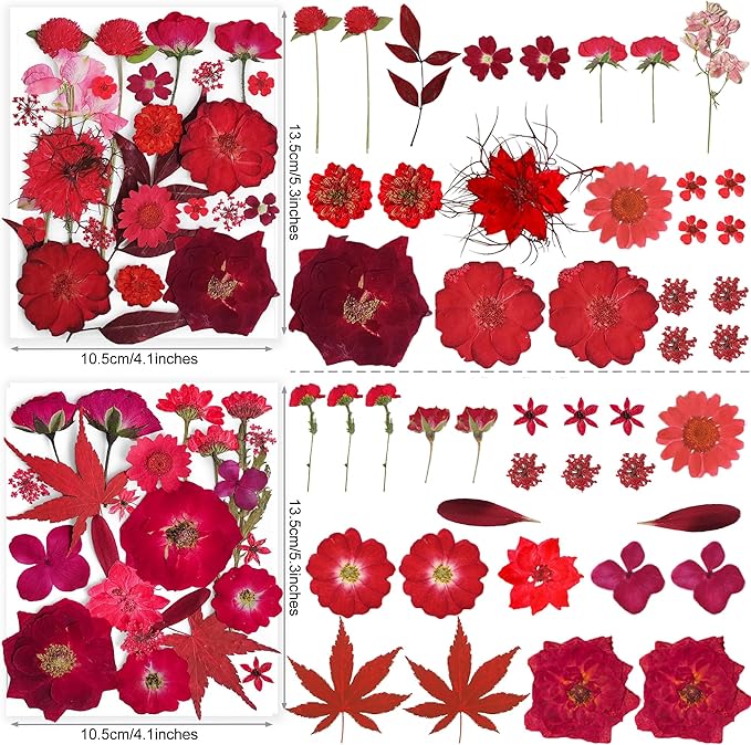 150PCS Red Dried Pressed Flowers with Butterfly Stickers - YouthBro Real Nature Flowers Herb Set for Resin DIY Jewelry Candle Soap Vase Making Nail Card Scrapbook Art Craft Floral Decors