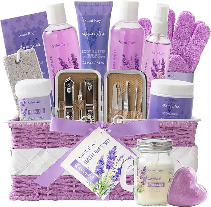 Large Spa kit for women gift set, 20 PCS Spa Gift Baskets Christmas Gifts for Women Bath Kit with Lavender gifts spa gift set Basket For Women, Luxury Self Care Home Spa Kit Lavender Bath Gift Basket