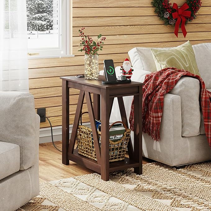 WLIVE Narrow End Table with Charging Station of Open Storage Shelf，Sofa Side Table with 2 USB Ports and 2 Power Outlets，Slim Farmhouse End Table for Small Spaces, 11.8" D x 23.6" W x 23.74" H