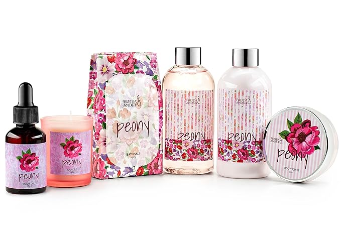 Bath and Body Gift Set for Women with Shower Gel, Body Lotion, Body Scrub, Body Oil, Bath Salt, and Scented Candle – Perfect Spa Gift (Peony Floral)