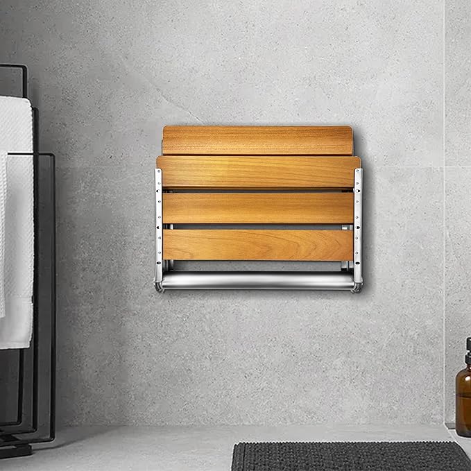 Folding Shower Seat Teak, Folding Shower Seat Wall Mounted, Foldable Shower Chair for Home Care, 450 lbs Capacity (Stainless Steel, 13'' D x 17'' W x 10'' H)