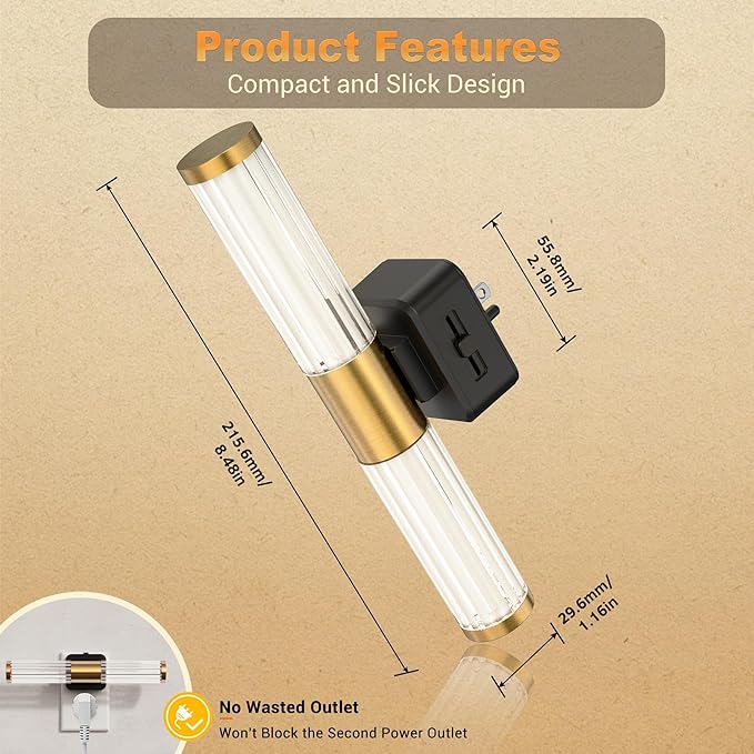 JandCase Night Light, Night Lights Plug into Wall, Soft White 3000K, 0-100LM Dimmable Night Light, Vanity Light Bar for Hallway, Bathroom, Rooms[2 Pack]