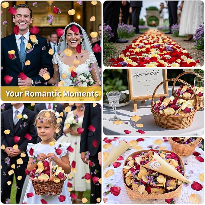 20+ Cups Real Dried Rose Petals Biodegradable Wedding Flower Confetti, 2 QT Mixed Yellow Red Roses Petals &Purple Statice for Flower Girl Wedding Bridal Proposal Bath