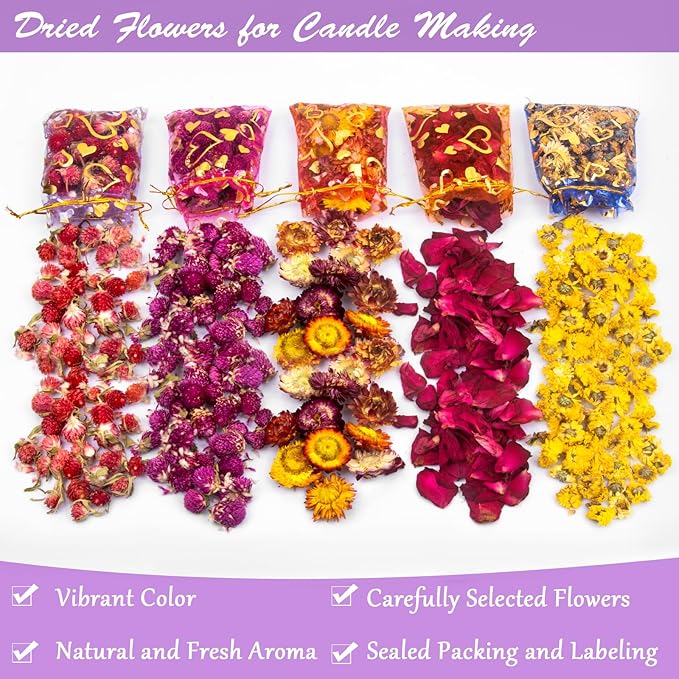 16 Bags Dried Flowers - Natural Dried Herbs Kit for Soap Making, DIY Candle, Resin Jewelry Making, Bath, Witch - Bulk Flowers Include Rose Petals, Lavender, Lemon, Don't Forget Me, Rosemary, and More