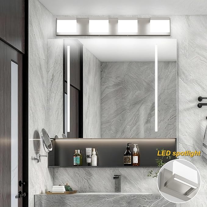 Tipace 4 Lights LED Modern Vanity Light Brushed Nickel Bathroom Lighting Fixture Up and Down Bathroom Wall Light Over Mirror(White Light 6000K)
