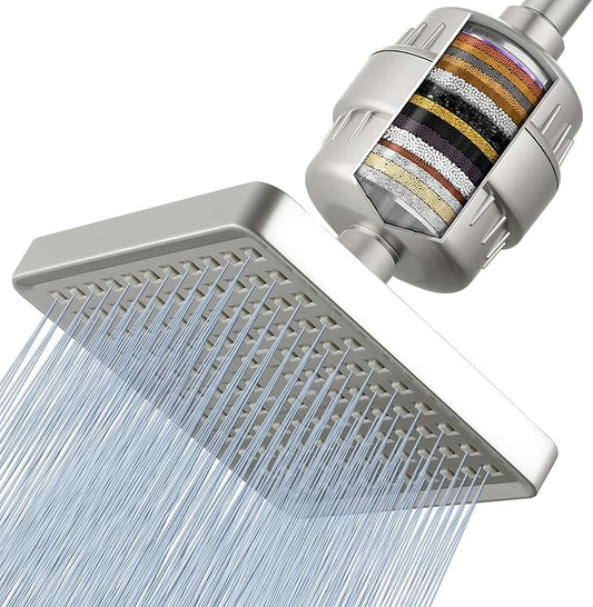 Voolan Filtered Shower Head - 20 Stage Luxury Rain Shower Filter For Hard Water for Remove Chlorine and Harmful Substances - 6" Square High Pressure Rainfall Showerhead (Brushed Nickel)
