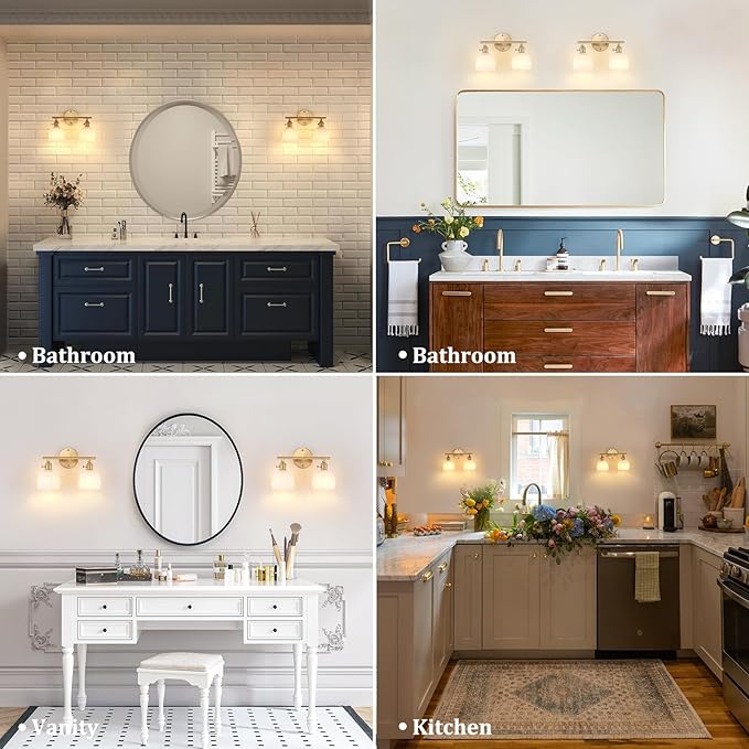 Bathroom Light Fixtures, 2-Light Brass Vanity Wall Light Over Mirror with White Tulip Glass Shade for Bedroom Living Room (Bulb Not Included)