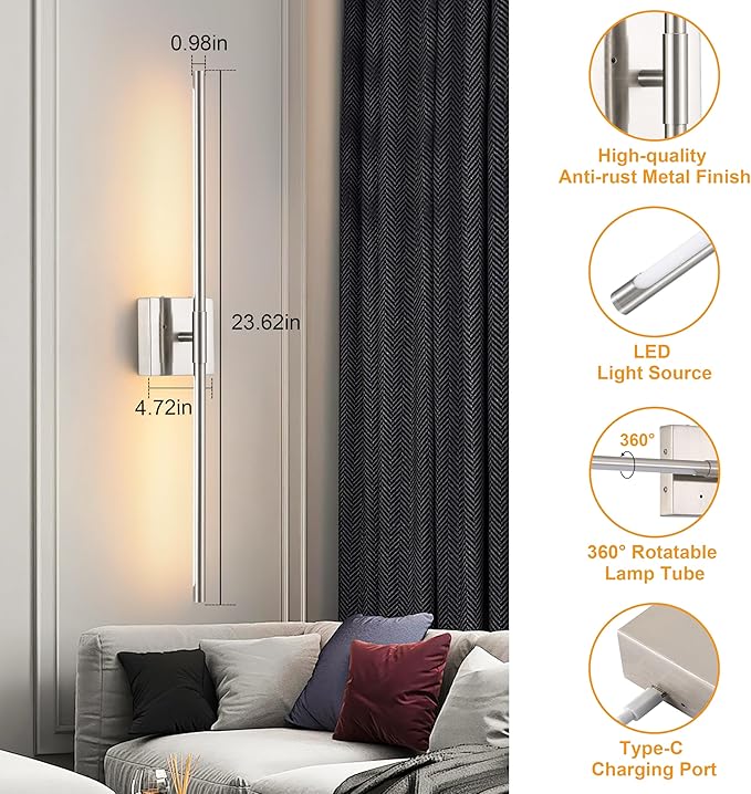 Battery Operated Wall Sconces Set of 2, Dimmable Battery Wall Sconce with Remote Control, Sand-Nickel LED Rechargeable Sconces, 24 Inch Modern Wireless Wall Lights for Bedroom, Living Room