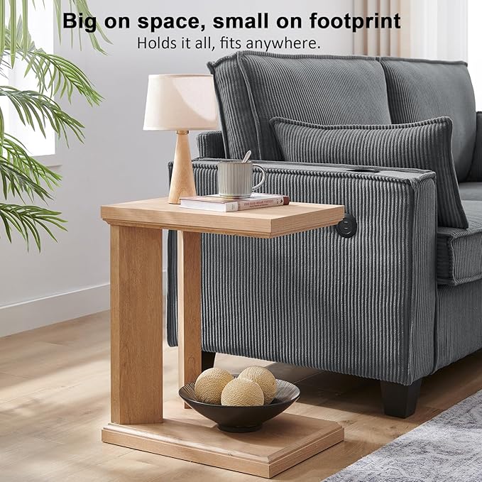 C Shaped End Table for Couch, 23.2'' High Small Side Table 2-Tier C Shaped Sofa Table for Small Narrow Spaces, Modern Nightstand for Bedroom, Living Room, Apartment, Home Office, Oak