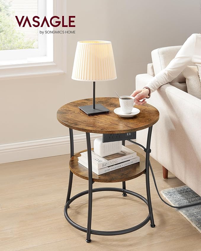 VASAGLE Side Table, 2-Tier Round End Table with Power Outlets, Nightstand with Steel Frame for Small Spaces, Living Room, Bedroom, Rustic Brown and Ink Black ULET077K01