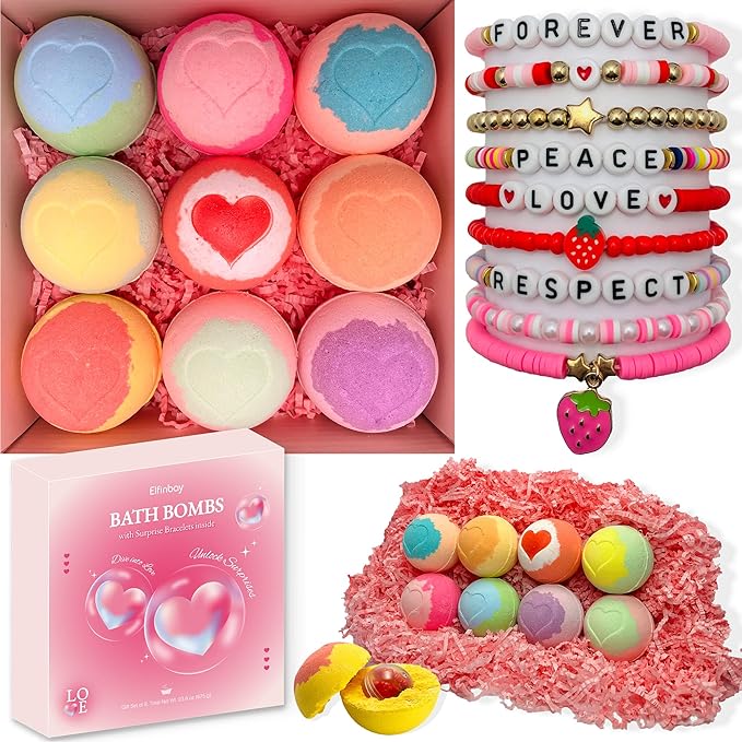 Bath Bombs for Kids with Surprise Inside, 9 Heart Imprint Kids Bath Bombs for Girls, Toddler Bath Bomb with Bracelets Inside, 3 4 5 6 7 8 Year Old Girl Birthday Gifts Christmas Stocking Stuffers