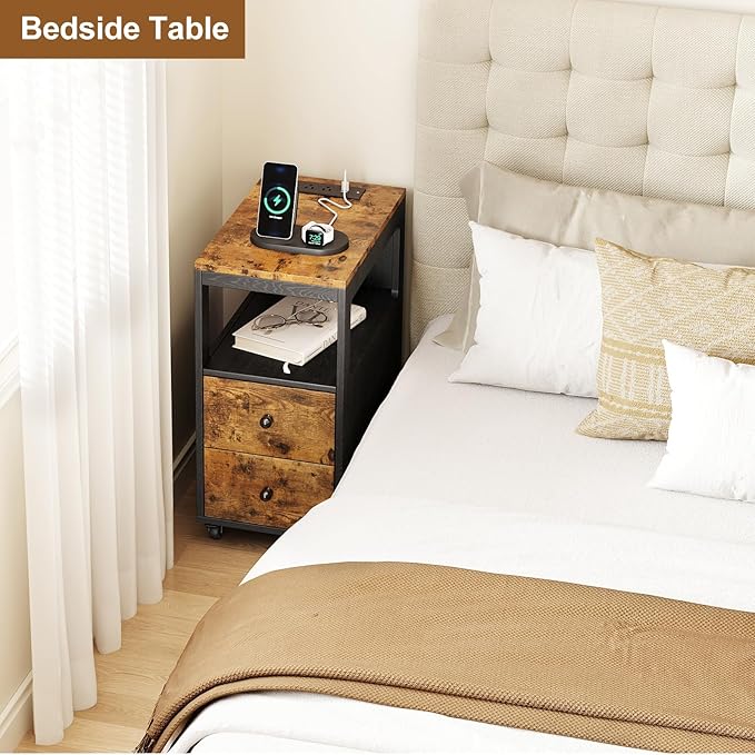 Narrow End Table with Charging Station and Wheels, Movable Narrow End Table with USB Ports and Outlets for Small Space, Living Room, Bedroom and Office, with 4 Wheels ( Rustic Brown + Black)