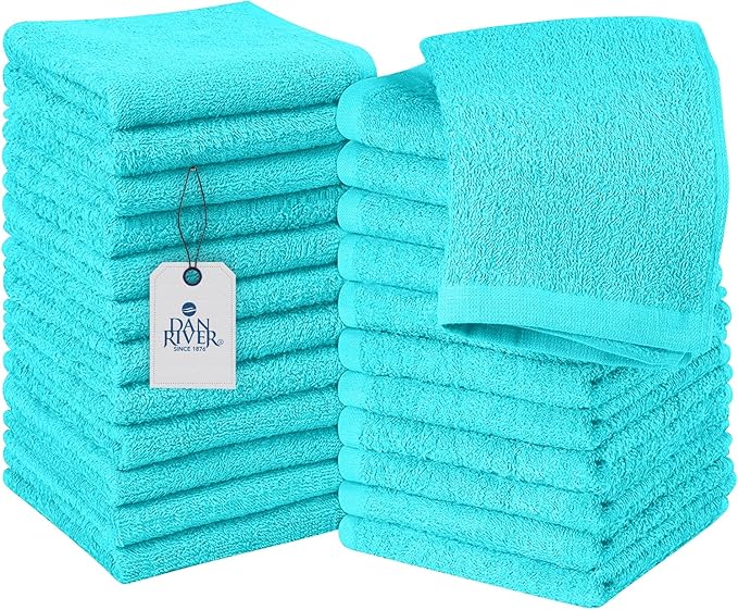 DAN RIVER 24 Pack Wash Cloths for Showering [12x12] - 100% Cotton Washcloths Premium Quality Flannel Face Cloths for Bathroom, Highly Absorbent and Soft Feel Wash Clothes, Aqua