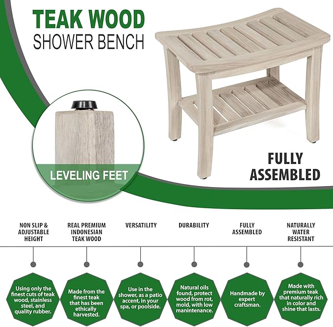 TeakCraft Patented Gray Teak Shower Bench with Shelf 21 Inch for Bathroom, Spa - Fully Assembled, Shower Stool, Rustic Gray Finish, The Lavici