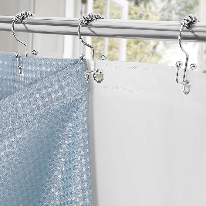3 in 1 Shower Curtain Set, Fog Blue Waffle Shower Curtain and PEVA Liner Set with 12 Stainless Steel Shower Curtain Hooks, Waterproof Fabric Shower Curtains for Bathroom, 72 W x 72 H