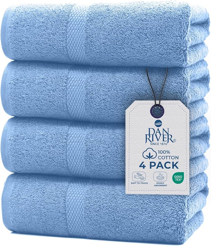 DAN RIVER Bath Towels Set of 4, 27 x 54 Inches, 100% Cotton, Larger & Lighter Weight, Quicker to Dry, Super Soft and Absorbent, Ideal Cotton Towels for Bathroom for Daily Use, Medium Blue