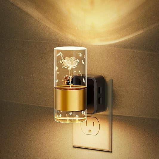 JandCase Night Lights Plug into Wall,Rose Carved Night Light for Girls, 3000K+RGB 10-Color LED Nightlight with Dusk to Dawn Sensor, 10/50/100LM Adjustable Brightness for Birthday Home Decor