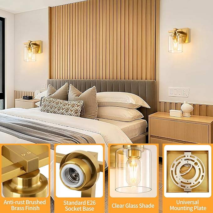 1 Light Modern Bathroom Light Fixtures Over Mirror, Brass Finish Vanity Lights for Bathroom Wall Sconces with Clear Glass Shades, E26 Socket (Bulbs Not Included)
