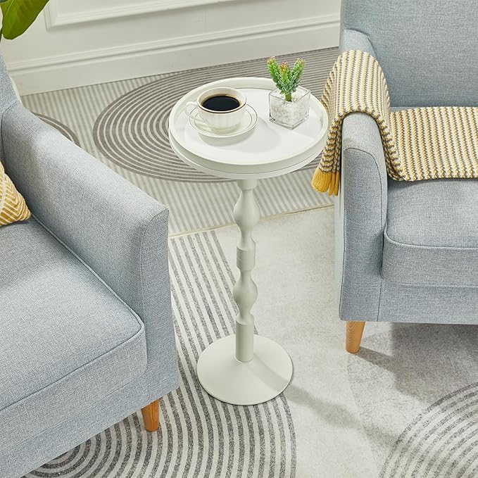 Small Round Drink Table,Pedestal Tables,Small Round Side Table for Narrow Spaces,End Table for Living Room, Bedroom, Bathroom,Balcony (White)
