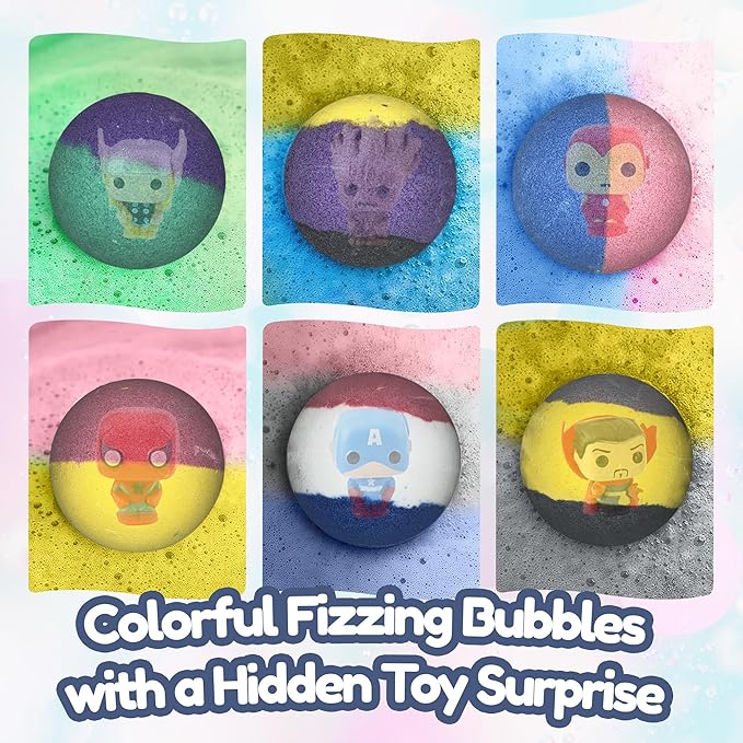 EvolutionUSA Black Epic Superhero Bath Bombs for Kids, 6 Super Hero Bath Bombs with Toy Inside, Lush Childrens Bathbombs, Organic Bathbomb with Surprise Inside, Fizzy Fun Superhero Bath Balls