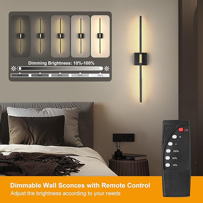 Battery Operated Wall Sconces Set of 2, Dimmable Battery Wall Sconce with Remote Control, Black Gold LED Rechargeable Sconces, 24 Inch Modern Wireless Wall Lights for Bedroom, Living Room