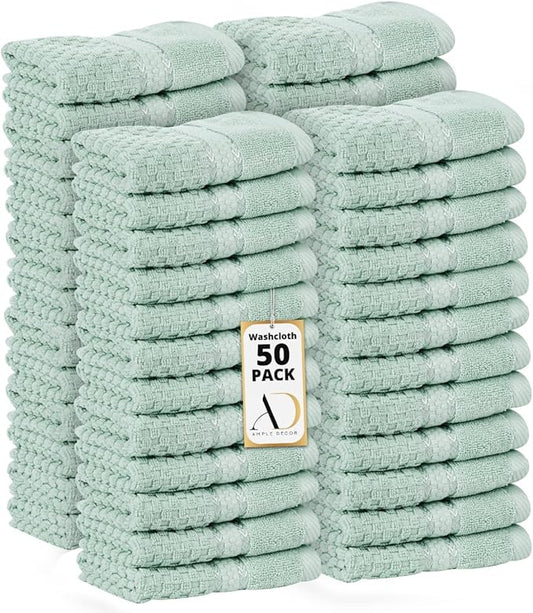 Ample Decor 100% Cotton Washcloths Set of 50 - Highly Absorbent, Popcorn Textured - Mulaayam Collection - Mint Green 12 X 12 Inch