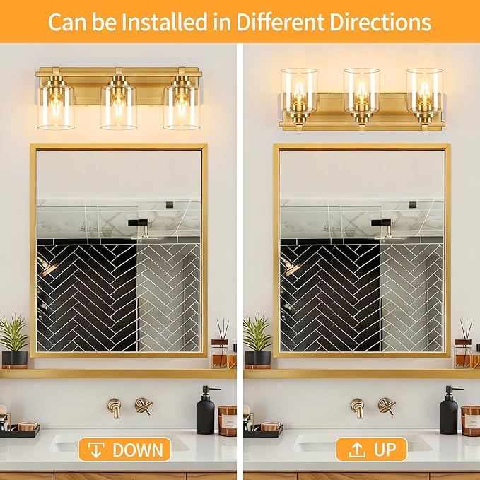 3 Light Modern Bathroom Light Fixtures Over Mirror, Brass Finish Vanity Lights for Bathroom Wall Sconces with Clear Glass Shades, E26 Socket (Bulbs Not Included)