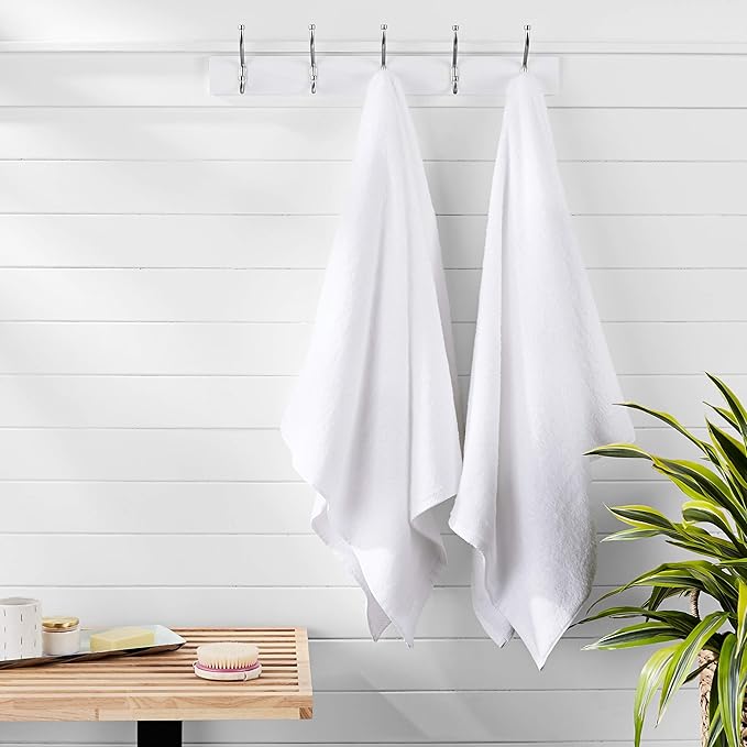 Amazon Basics 2 Piece Quick-Dry Oversize Bath Towel, 100% Cotton, White, 54" x 30" (Pack of 12)