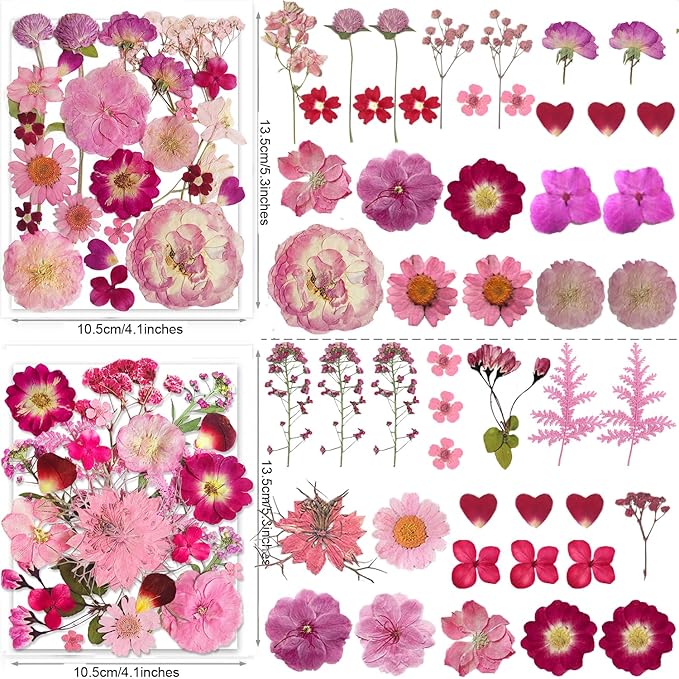 148PCS Pink Dried Pressed Flowers with Butterfly Stickers - YouthBro Real Nature Flowers Craft Set for Resin Jewelry Candle Soap Vase Making Nail Card Scrapbook Art Floral Decors