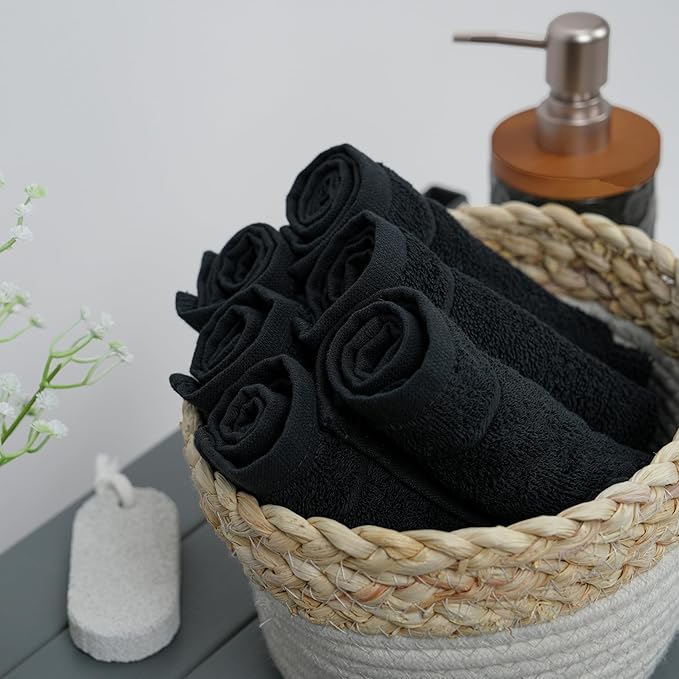 Tens Towels Pack of 12 Washcloths, 12 x 12 Inches, Lighter Weight, Quick to Dry, Super Soft & Absorbent, Gentle Face Towels, Hotel Quality, Perfect for Bathroom, Gym, Spa (Black, 12 Pack)