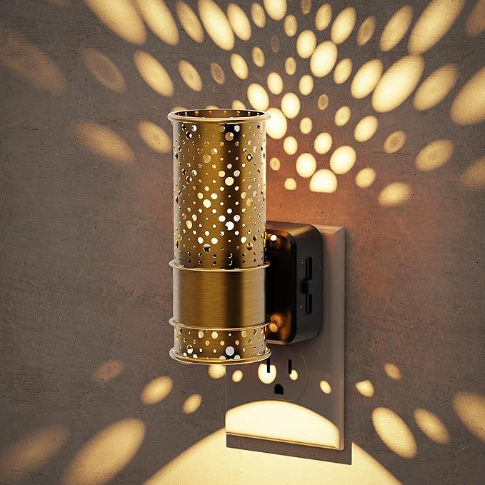 JandCase Night Lights Plug into Wall, Aesthetic Nightlight with Metal Shade, 3000K Warm White 0-100LM Adjustable Brightness, Dusk to Dawn Sensor Plug in Night Light for Bathroom Hallway Bedroom